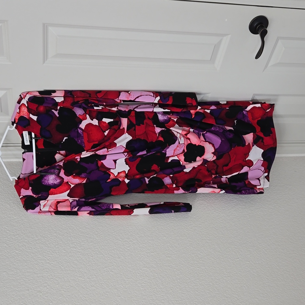 Calvin Klein Red Pink Purple Floral Wrap Dress
